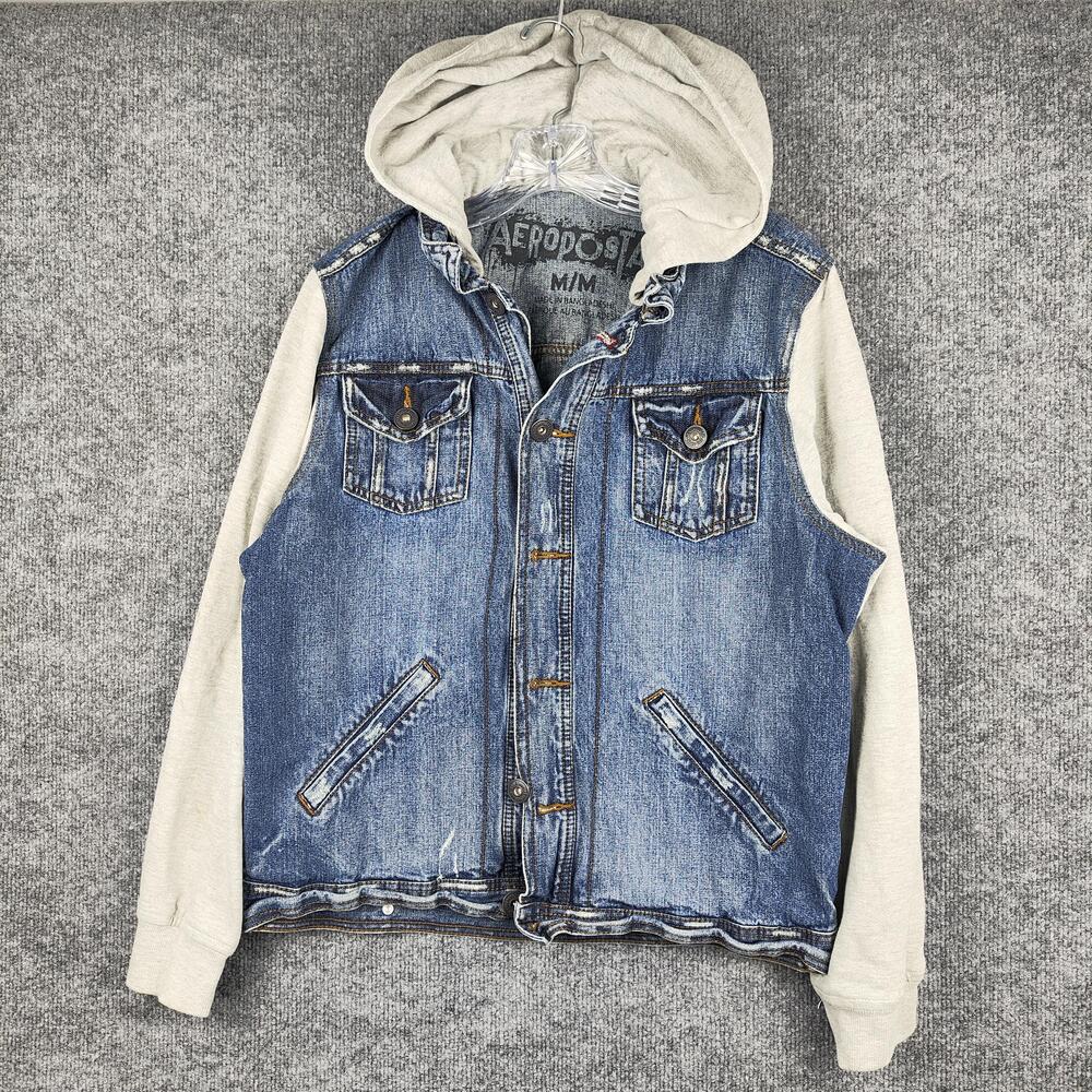 Aeropostale Jacket Mens Medium Denim Hooded Varsity Button Front Knit Sleeves